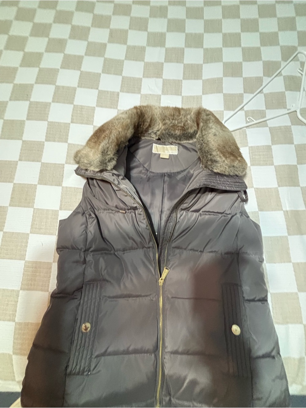 Michael Kors Brown Quilted Puffer Vest with Fur Trim